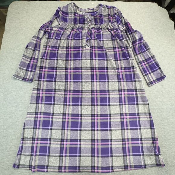 Aria Collection Purple Gray Plaid Long-Sleeve Nightgown Size L Soft PJs Pockets - Picture 4 of 16